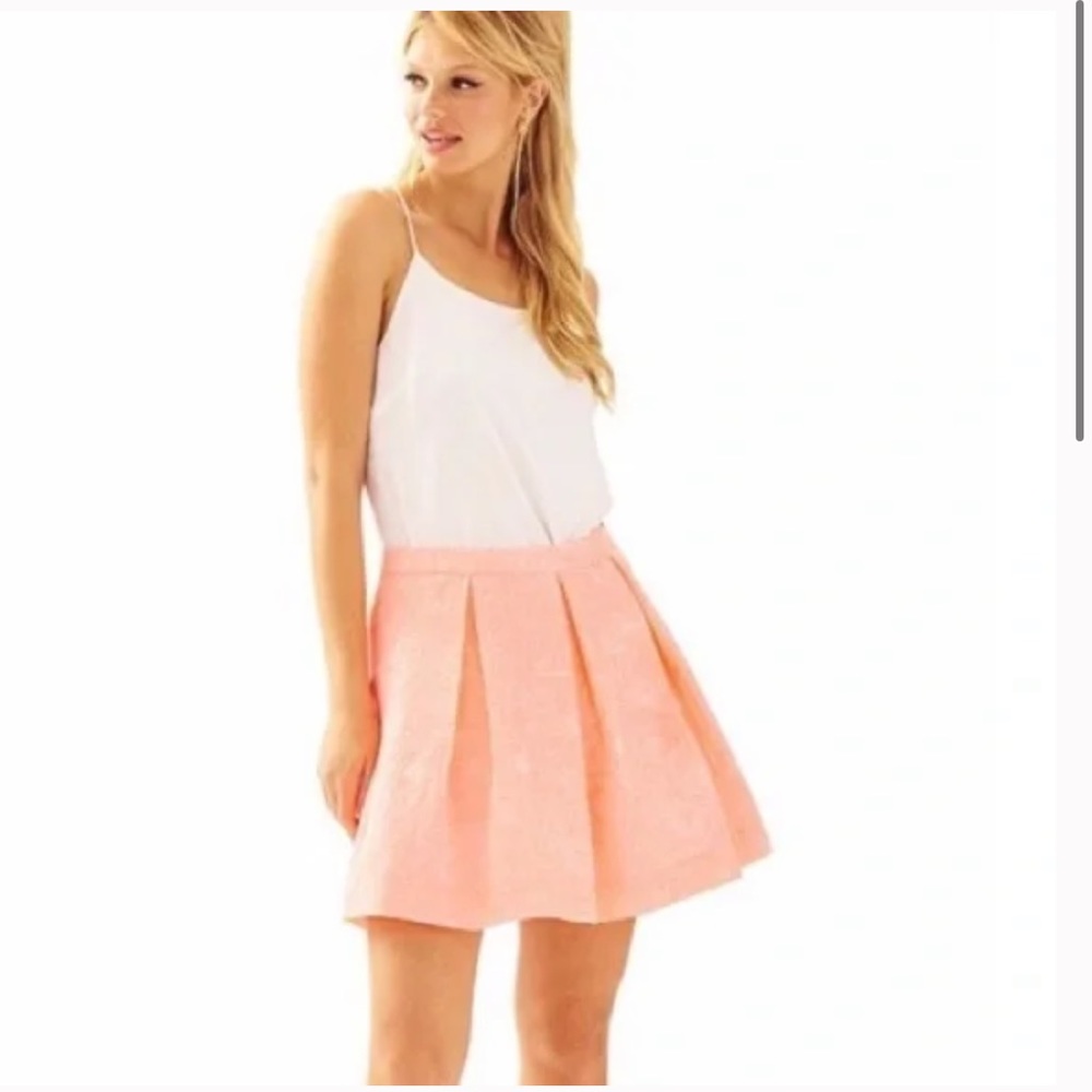 Lilly Pulitzer Harlie Skirt peachy pink word on the street jacquard print